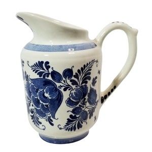 Vintage Blauw Delfts Hand Painted Blue & White Floral 6" Pitcher Creamer Holland